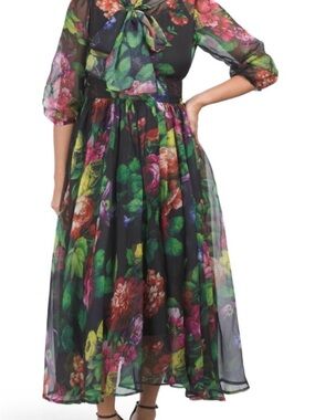 Black Floral Tie-Neck Midi Dress with Sheer Sleeves